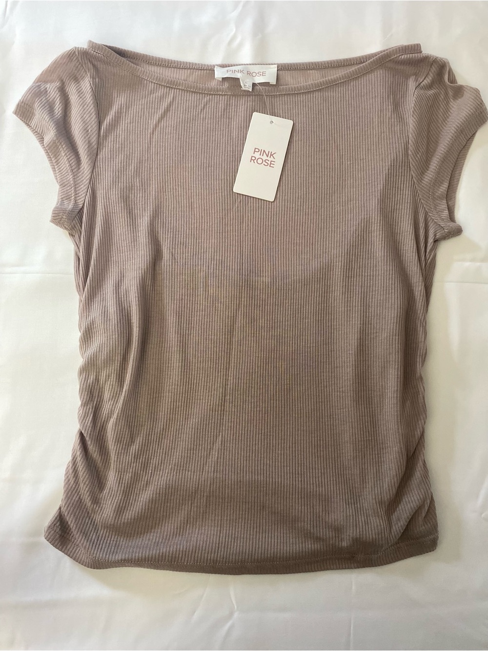 Pink Rose Women's Ribbed Short Sleeve Top in Tan